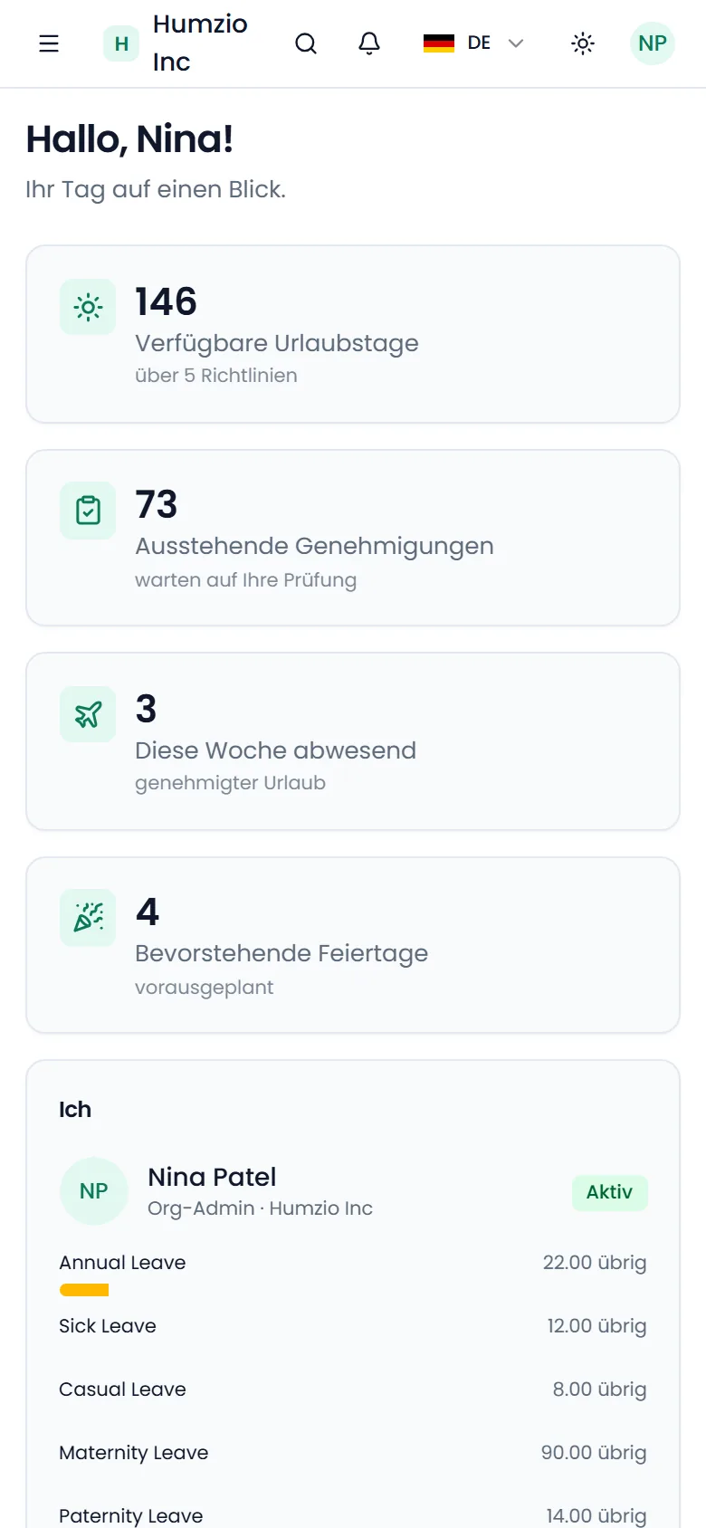 Humzio-Dashboard mit Urlaubskonten, offenen Genehmigungen und wer diese Woche abwesend ist
