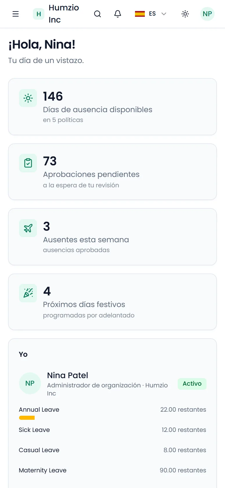 Panel de Humzio con saldos de ausencias, aprobaciones pendientes y quién está fuera esta semana